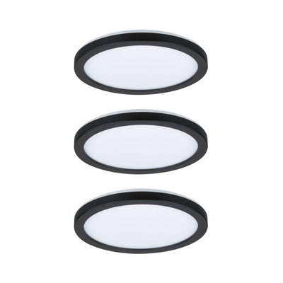Three round LED ceiling lights with black frame and white diffuser for modern indoor lighting