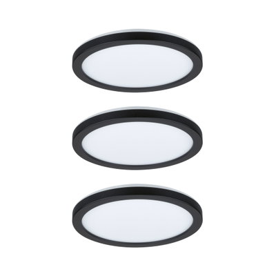 Three round LED ceiling lights with black frame and white diffuser for modern indoor lighting