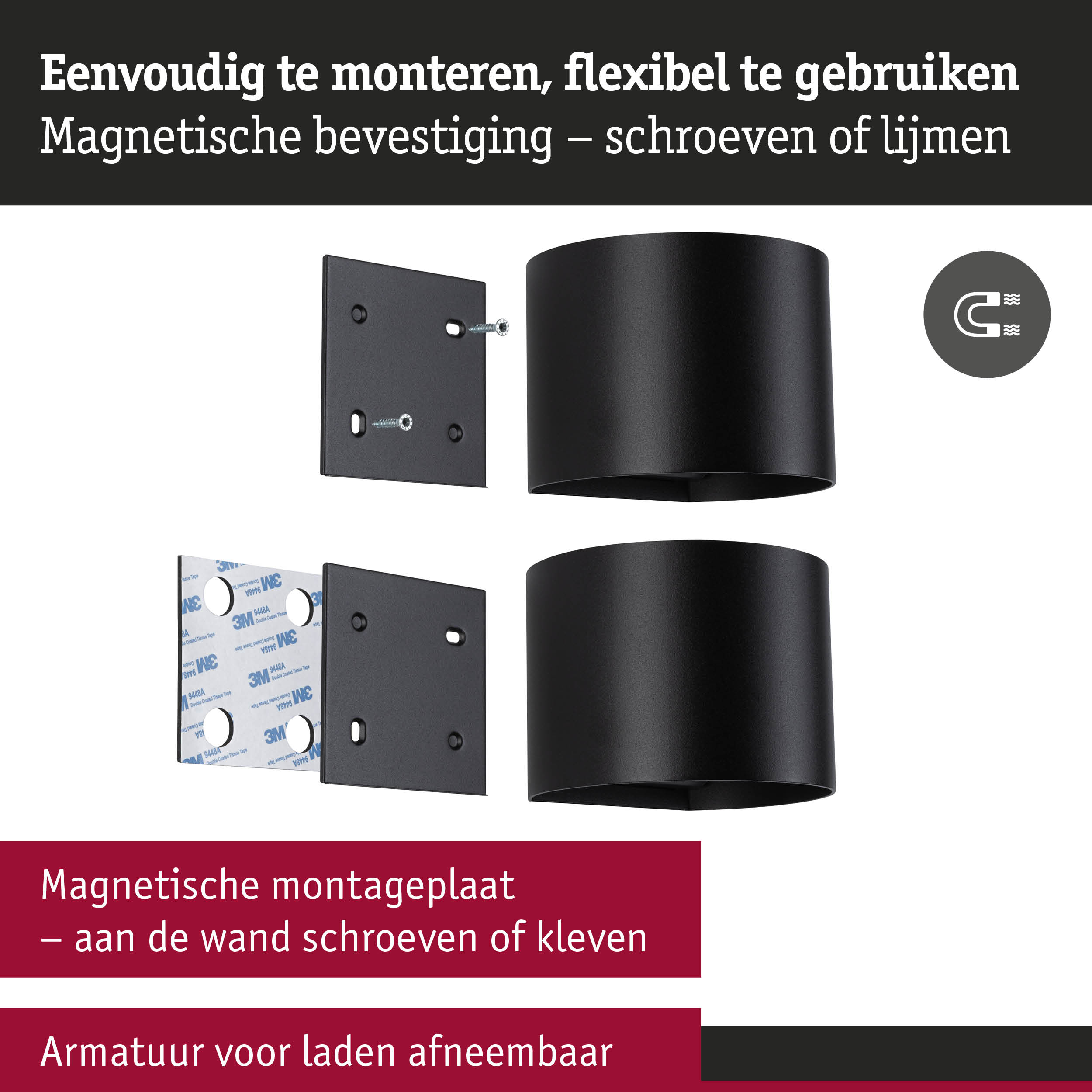 Zwarte magnetische montageplaat met schroeven en plakstrip voor flexibele wandmontage