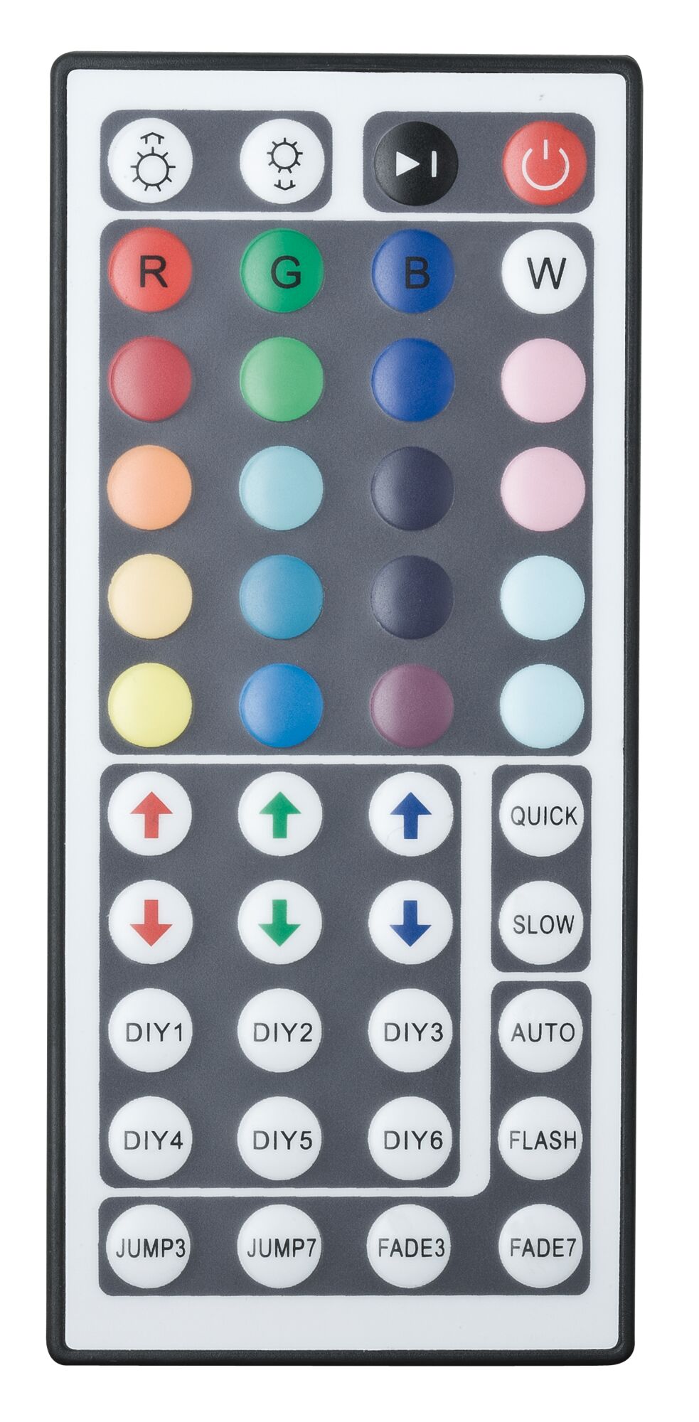 Remote control with colorful buttons for RGBW LED light colors and lighting modes