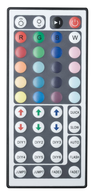 Télécommande avec boutons colorés pour contrôler les couleurs et modes d’éclairage LED RGBW