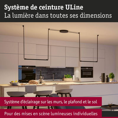 Système d'éclairage ULine noir dans cuisine claire pour mise en scène lumineuse personnalisée