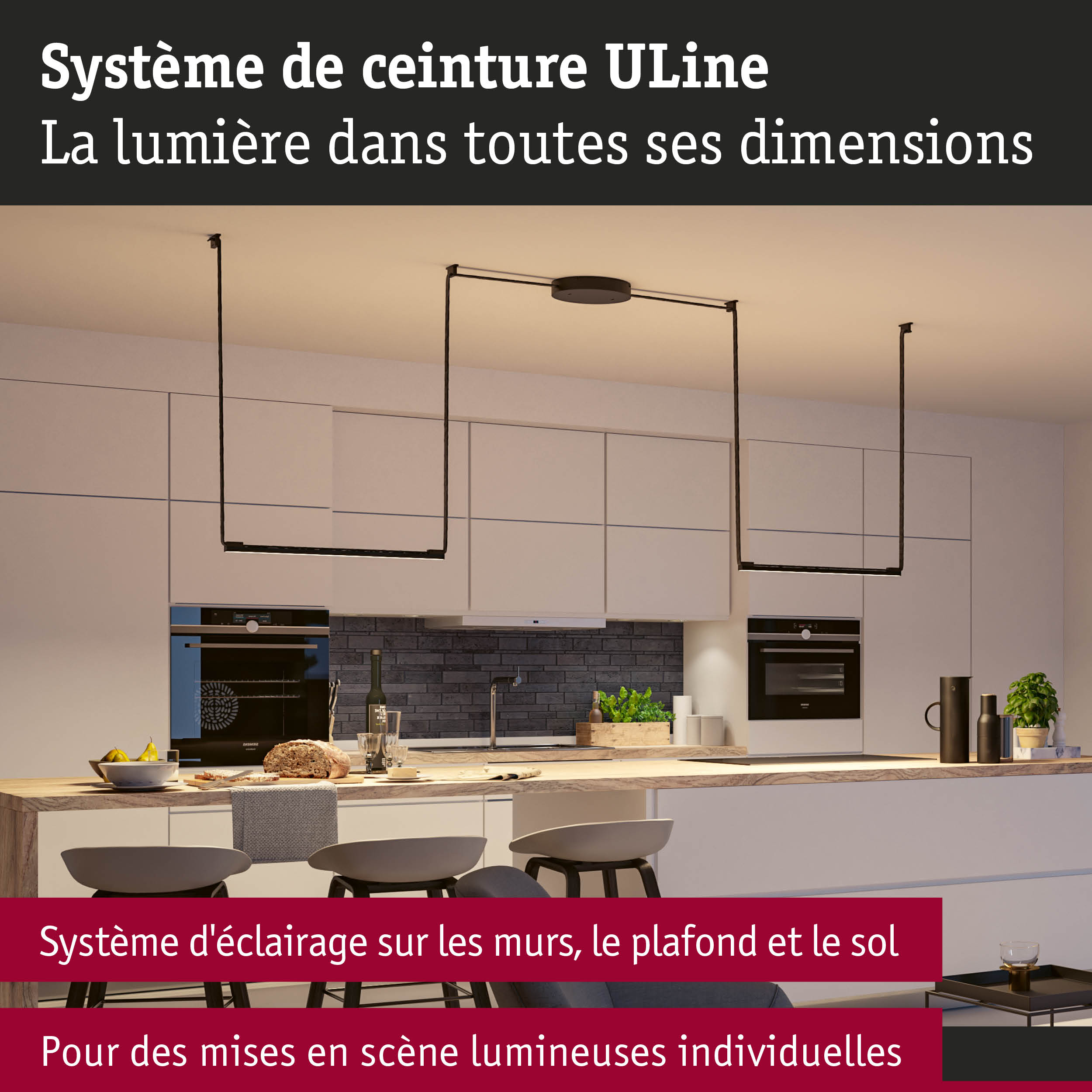Système d'éclairage ULine moderne avec cadre noir dans cuisine ouverte pour scénarios lumineux personnalisés