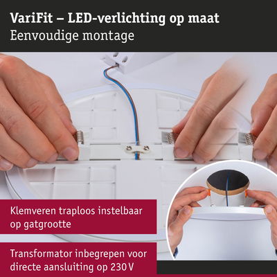Montage van witte LED-plafondlamp met traploos instelbare klemveren en ingebouwde transformator