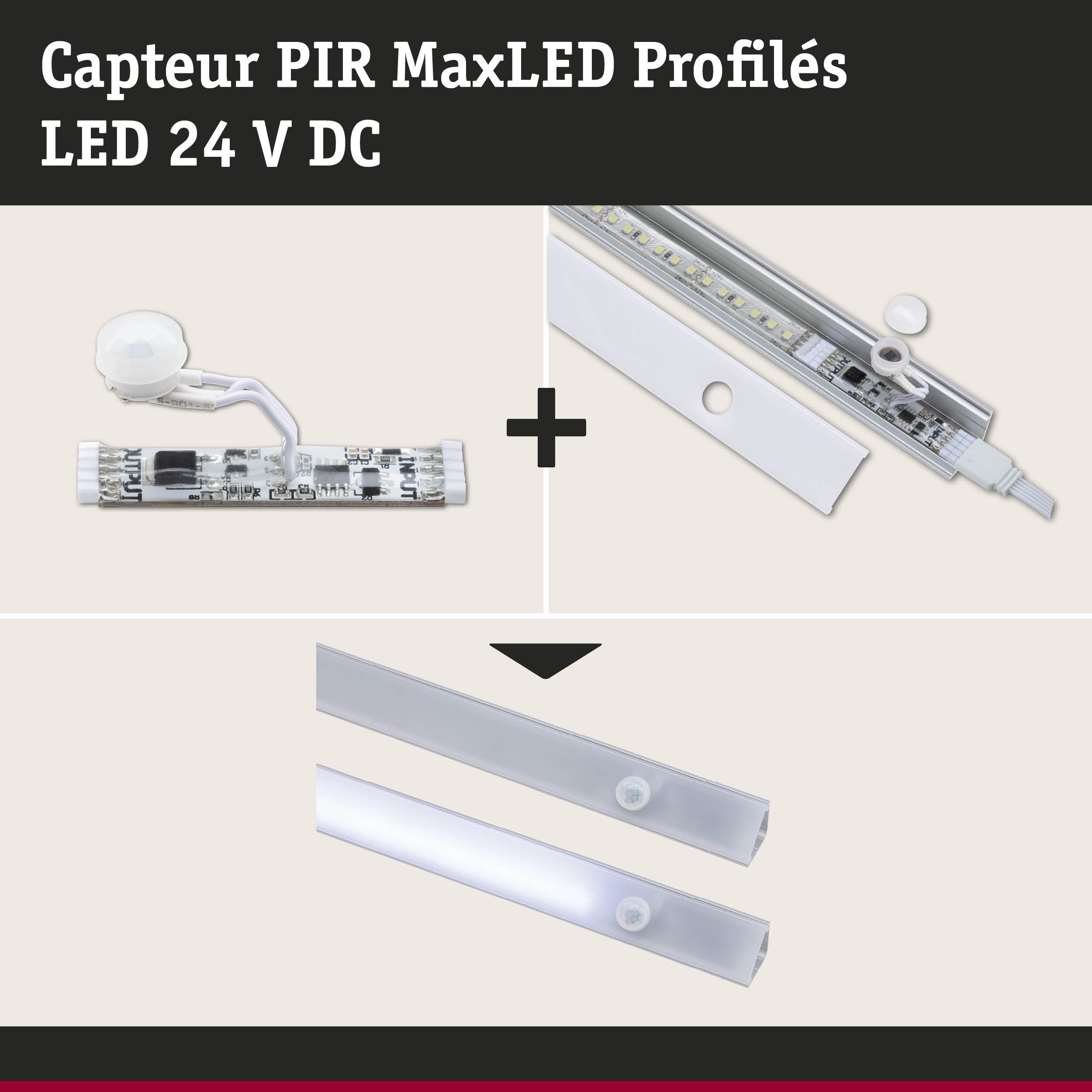 Capteur de mouvement PIR blanc avec profil LED 24 V DC en aluminium pour systèmes d'éclairage LED