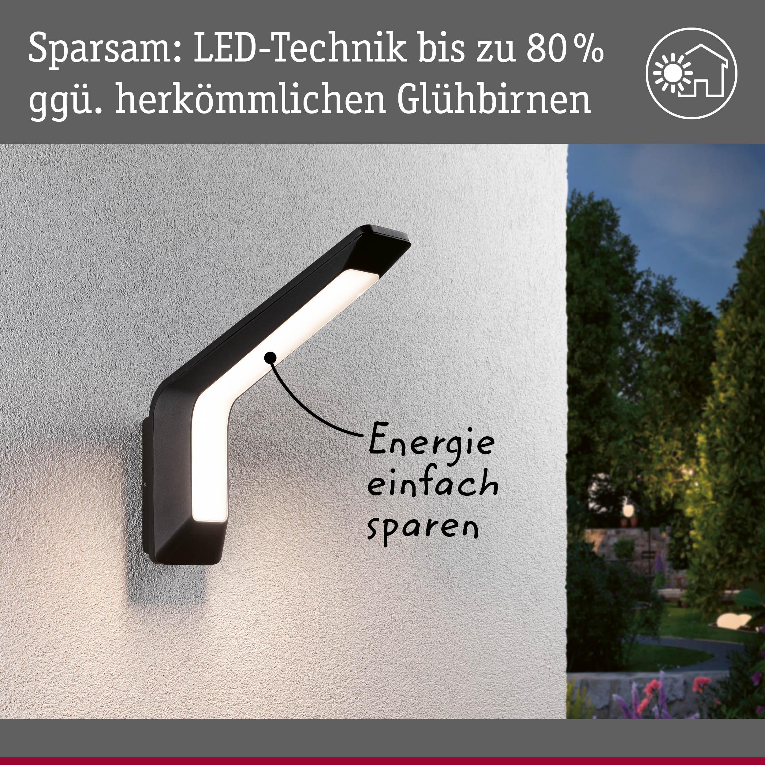 Schwarze LED-Außenwandleuchte mit energiesparender Technik an weißer Hauswand im Garten.