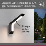 Schwarze LED-Außenwandleuchte mit energiesparender Technik an weißer Hauswand im Garten.