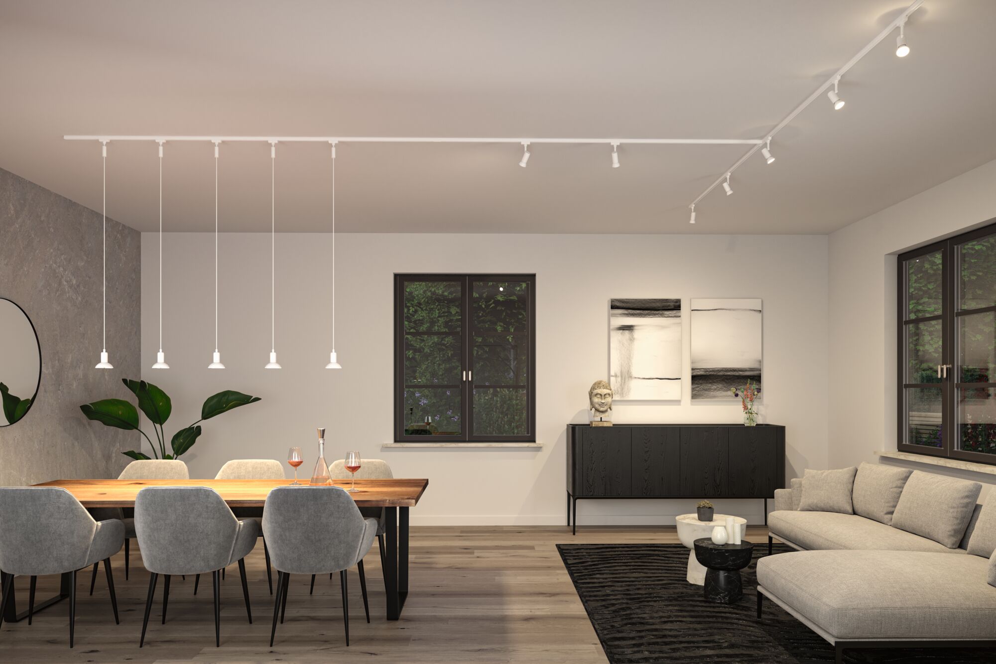 Moderne stue med grå sofa, træbord, sorte møbler og hvid LED-skinnebelysning
