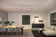 Modernes Wohnzimmer mit grauem Sofa, Holztisch, schwarzen Möbeln und weißer LED-Schienenbeleuchtung