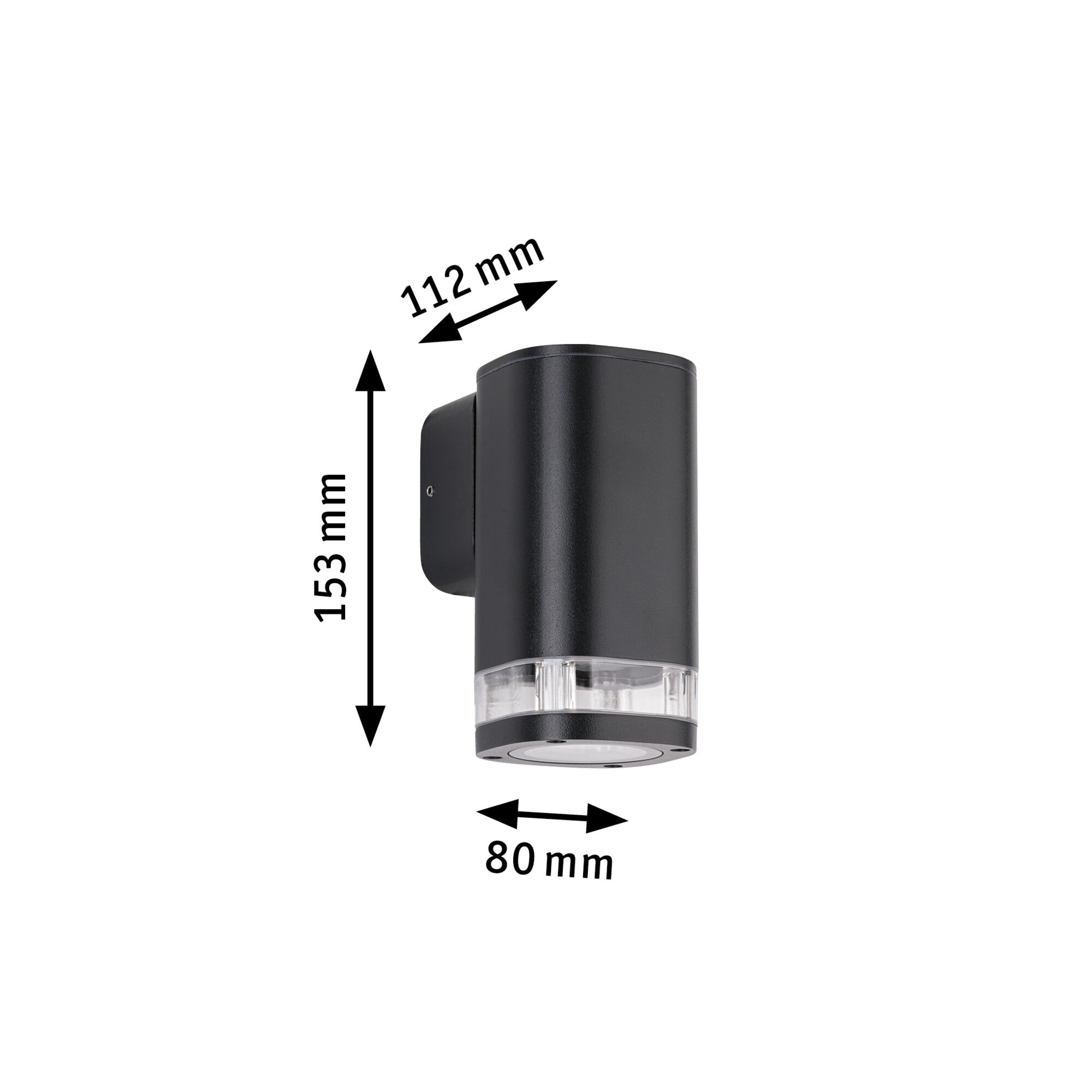 Black aluminum wall light with clear glass cover, dimensions 153x112x80 mm, modern outdoor lighting