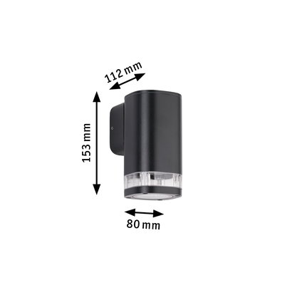 Black aluminum wall light with clear glass cover, dimensions 153x112x80 mm, modern outdoor lighting