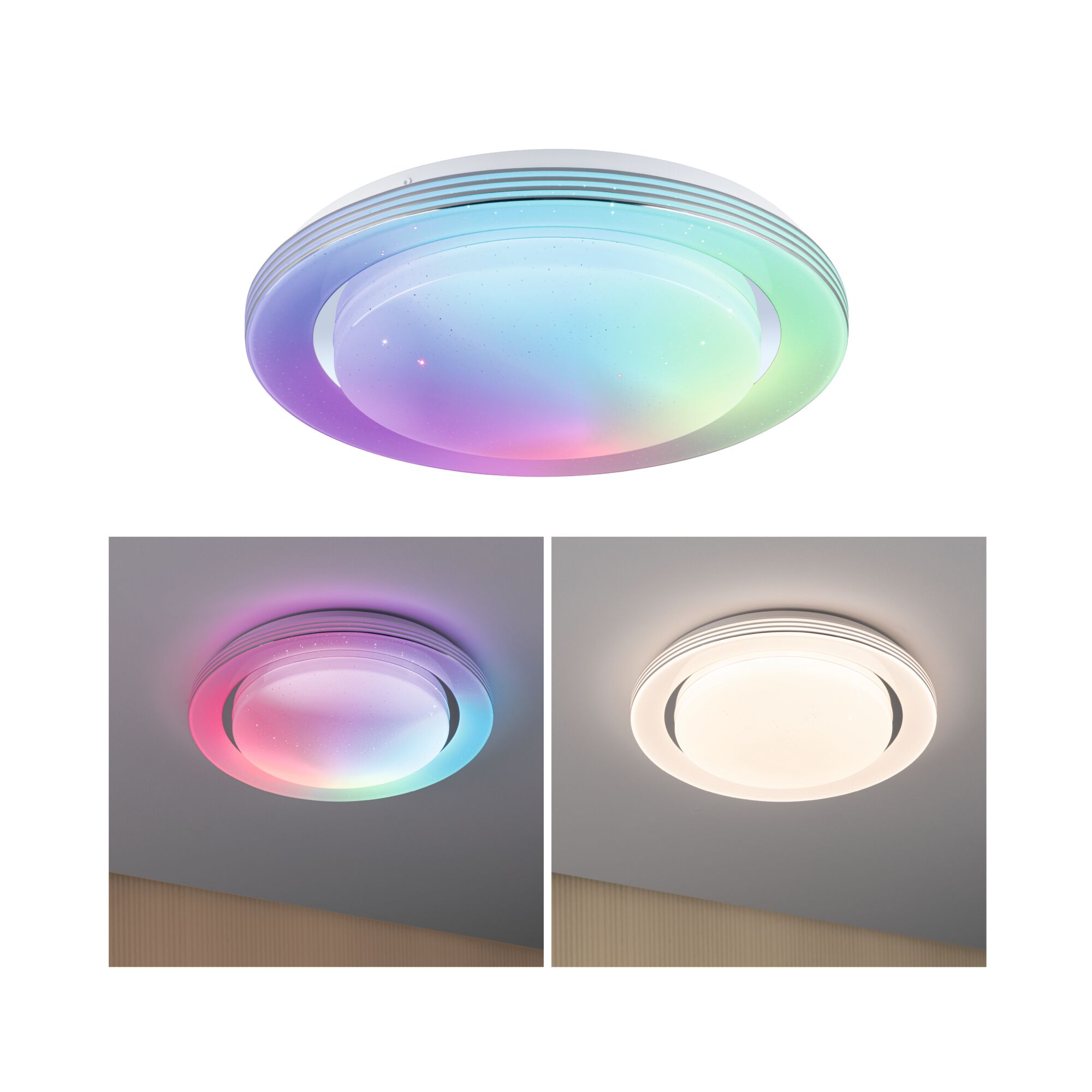 Runde LED-Deckenleuchte mit Farbwechsel und weißem Kunststoffgehäuse für moderne Wohnräume.