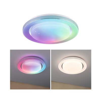 Round LED ceiling light with color change and white plastic housing for modern living spaces.