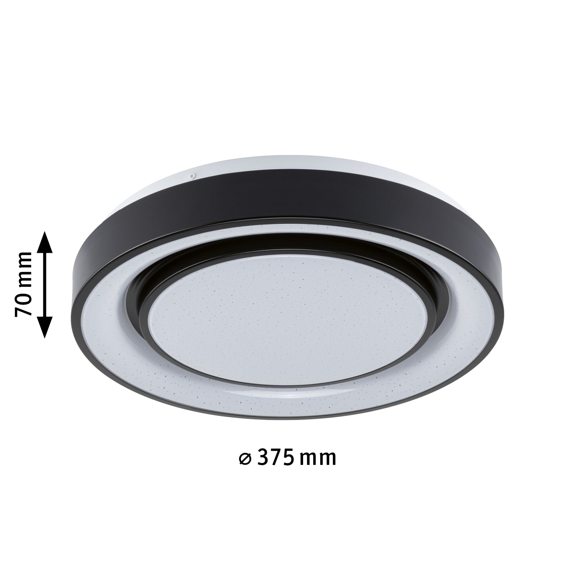 Round black and white LED ceiling light with 375 mm diameter and 70 mm height, modern room lighting