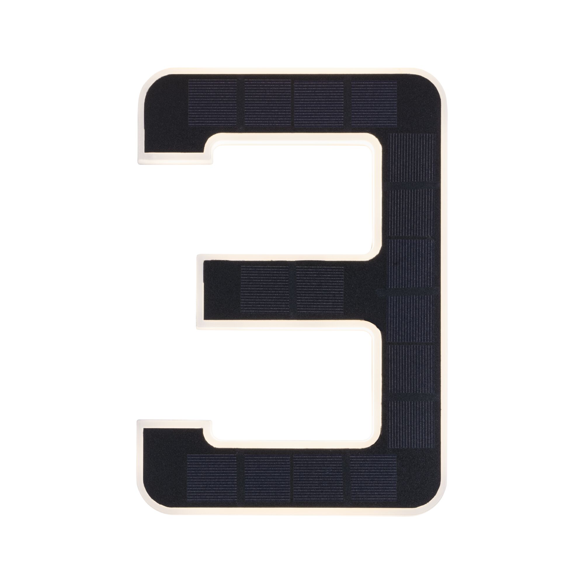 Number 3 house sign with black solar panels and white frame for energy-saving outdoor lighting