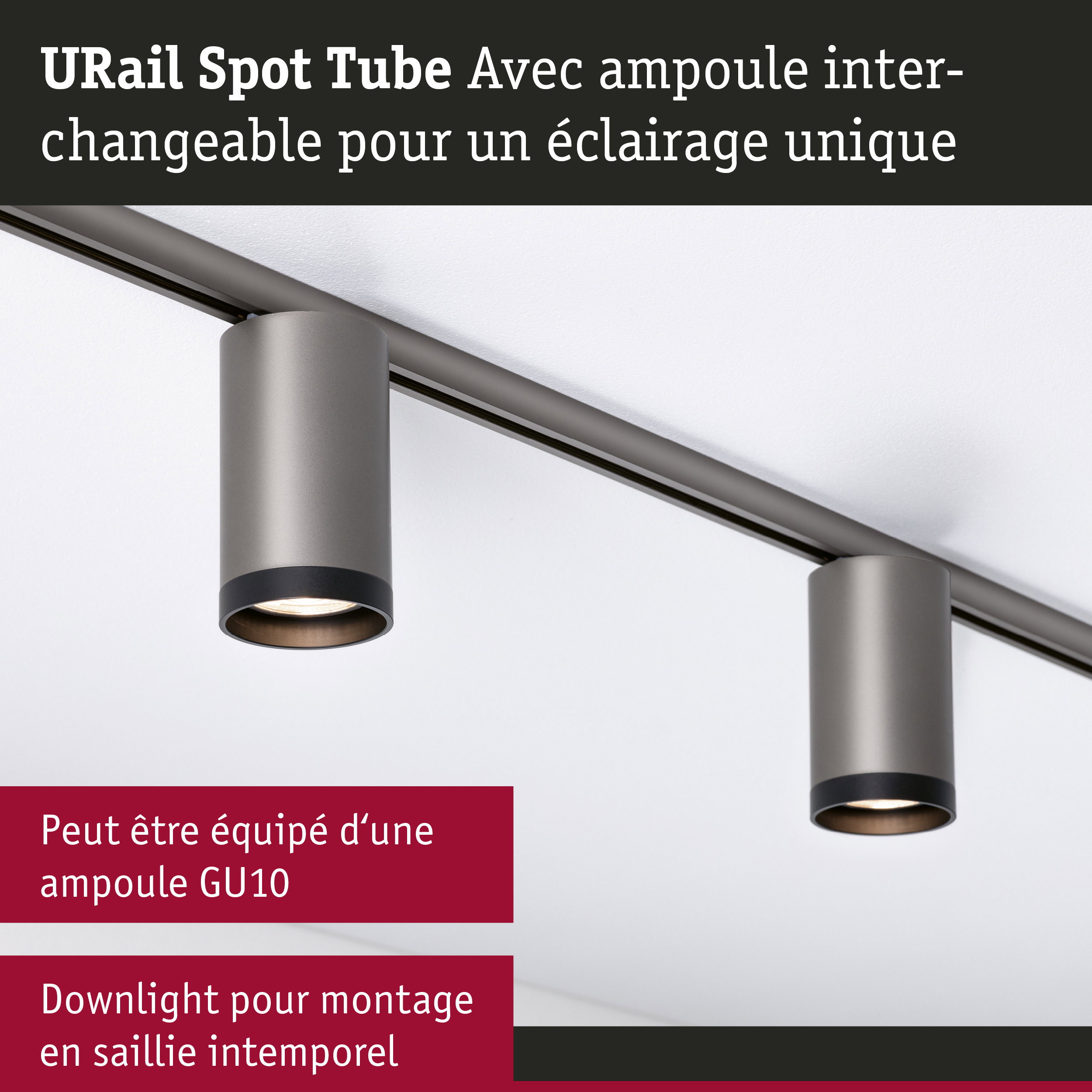 URail Spot sur rail Tube GU10 max. 10W gradable 230V Titanium