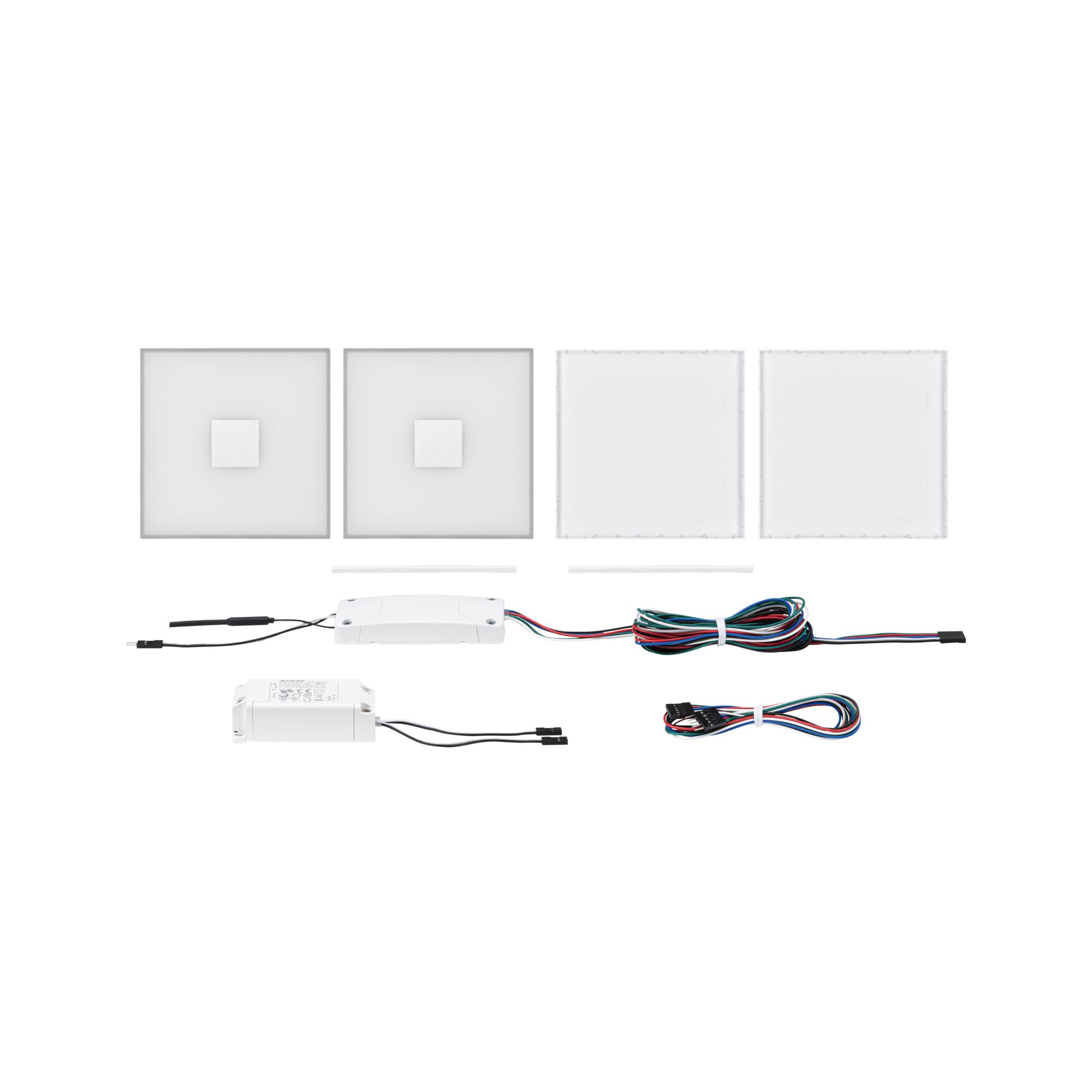 Set mit weißen quadratischen LED-Paneelen und Steuergeräten für moderne Lichtinstallation