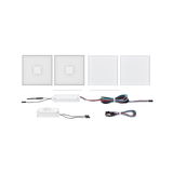 Set mit weißen quadratischen LED-Paneelen und Steuergeräten für moderne Lichtinstallation