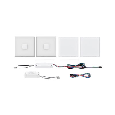 Set mit weißen quadratischen LED-Paneelen und Steuergeräten für moderne Lichtinstallation