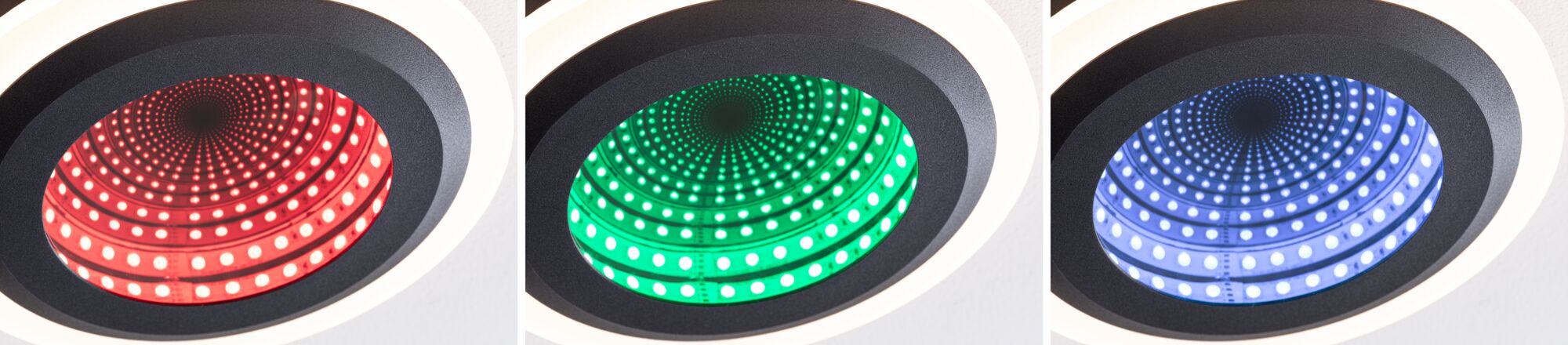 Trois spots LED encastrés noirs affichent des spirales lumineuses rouges, vertes et bleues pour un éclairage moderne.
