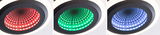 Three black-framed LED recessed lights display red, green, and blue glowing spiral patterns for modern lighting.