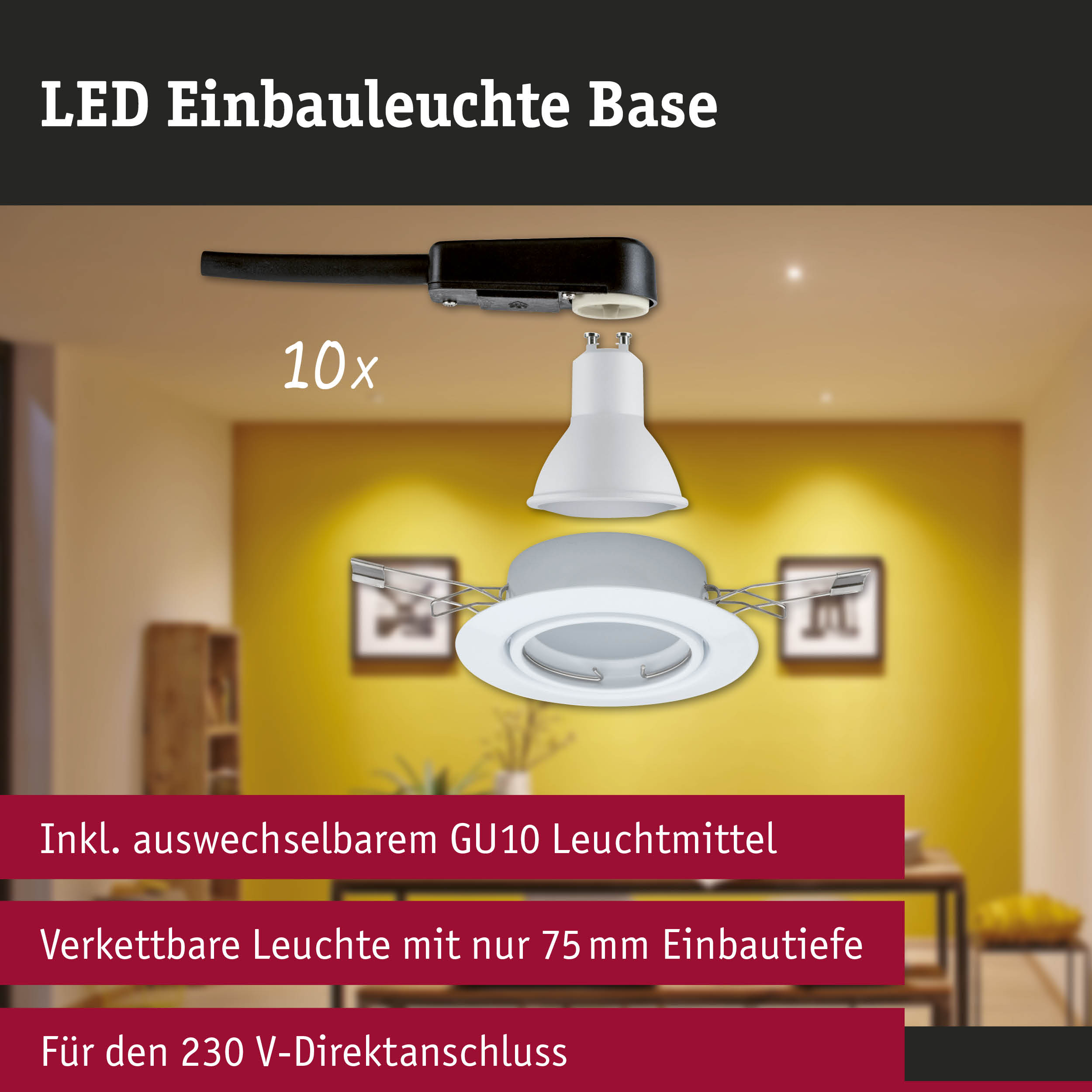 LED Einbauleuchte Base mit weißem GU10 Leuchtmittel und schwarzem Anschlusskabel für 230 V