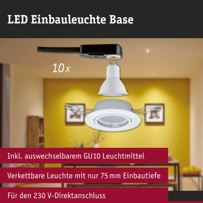LED Einbauleuchte Base mit weißem GU10 Leuchtmittel und schwarzem Anschlusskabel für 230 V