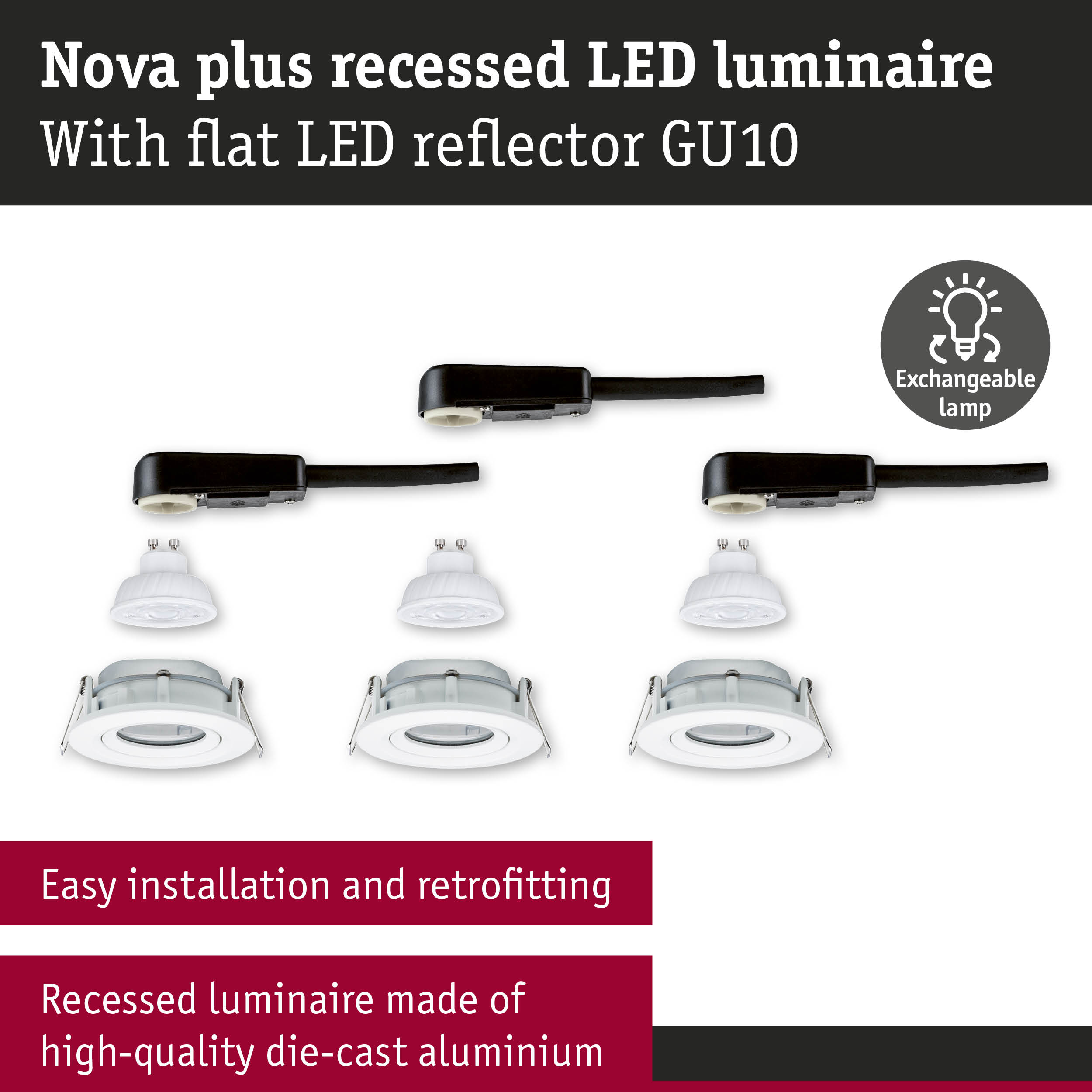 Nova plus recessed luminaire in white die-cast aluminium with exchangeable GU10 LED reflector for easy fitting