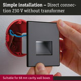Black plastic socket cover with simple installation for 230 V direct connection without transformer