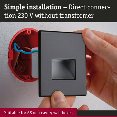 Black plastic socket cover with simple installation for 230 V direct connection without transformer