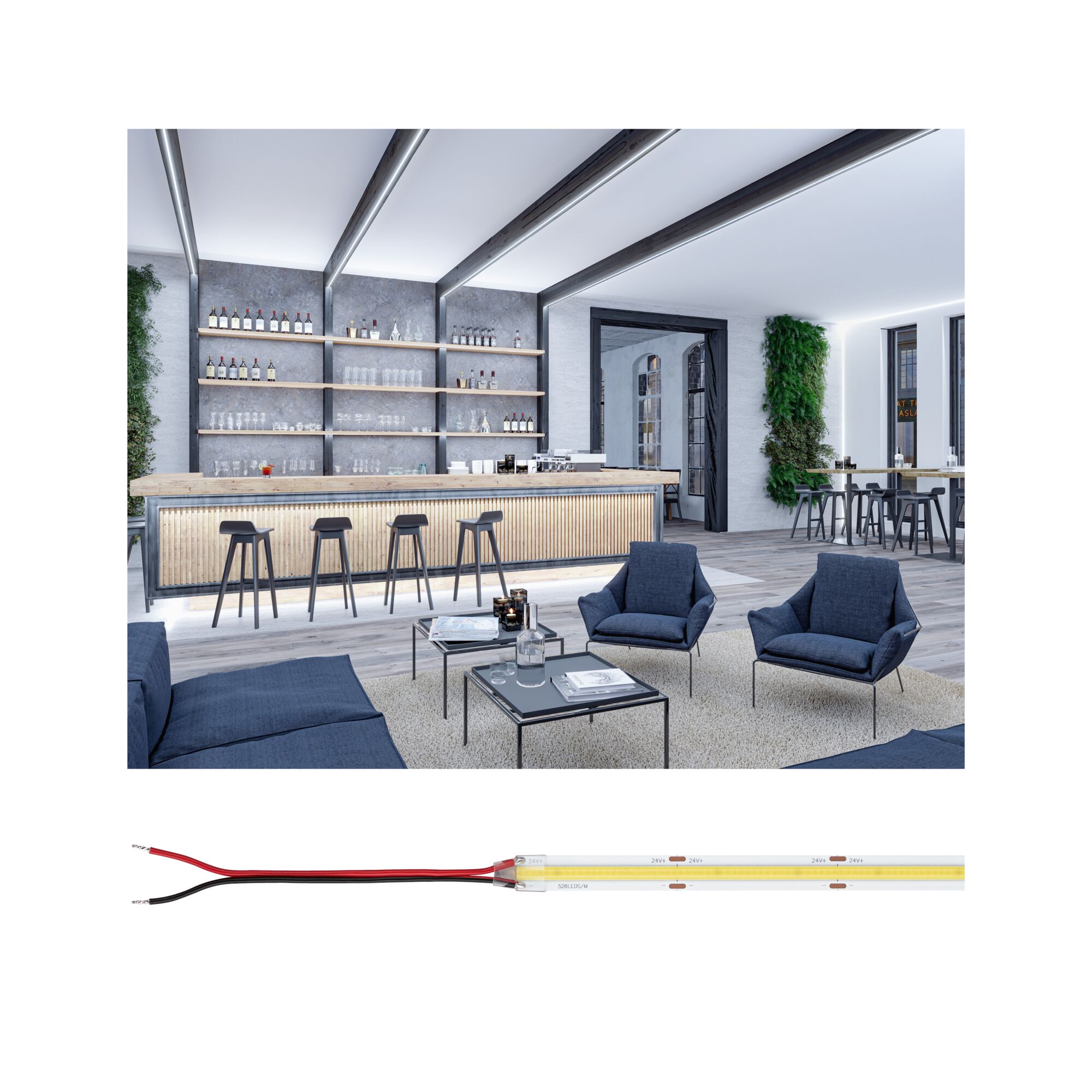 Pro Strip Strip LED Or P150 COB 965 5m 68W 1400lm/m 528 LEDs/m 6500K Bar moderne avec comptoir en bois et métal, éclairage LED au plafond et fauteuils bleus dans l’espace lounge
