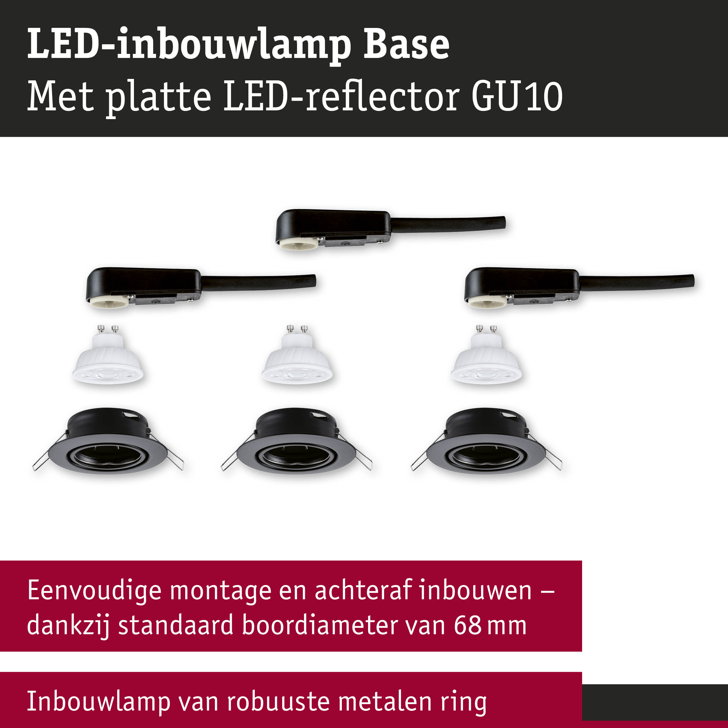 LED-inbouwlamp Base met platte LED-reflector GU10 en robuuste metalen ring in zwart