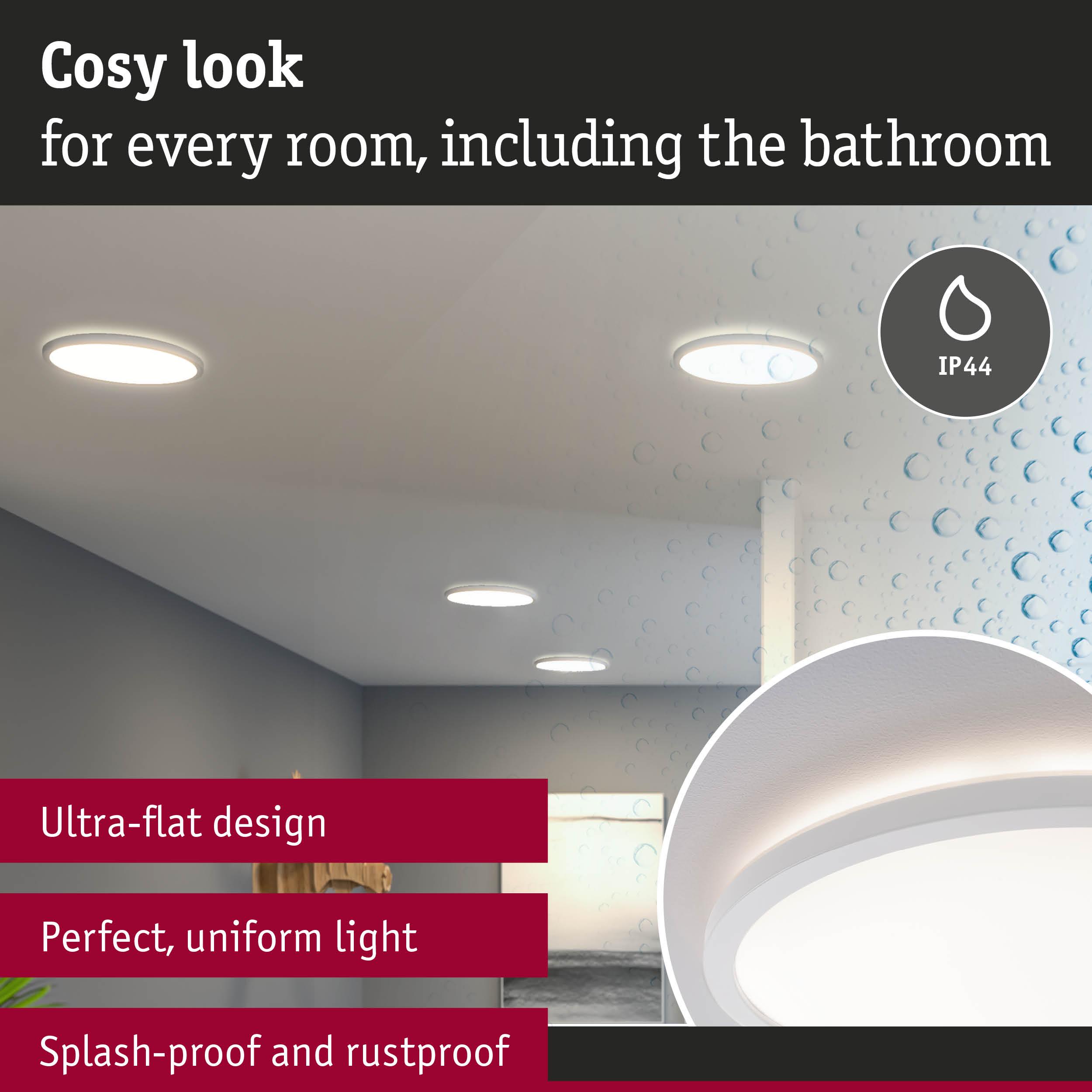 Ultra-flat white LED ceiling light with IP44 splash-proof rating for bathroom and living spaces