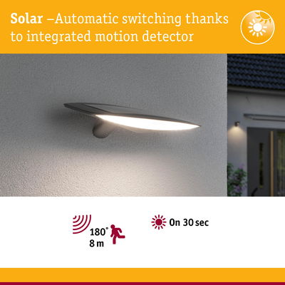 Grey solar-powered outdoor wall light with motion sensor and automatic switching for garden and patio