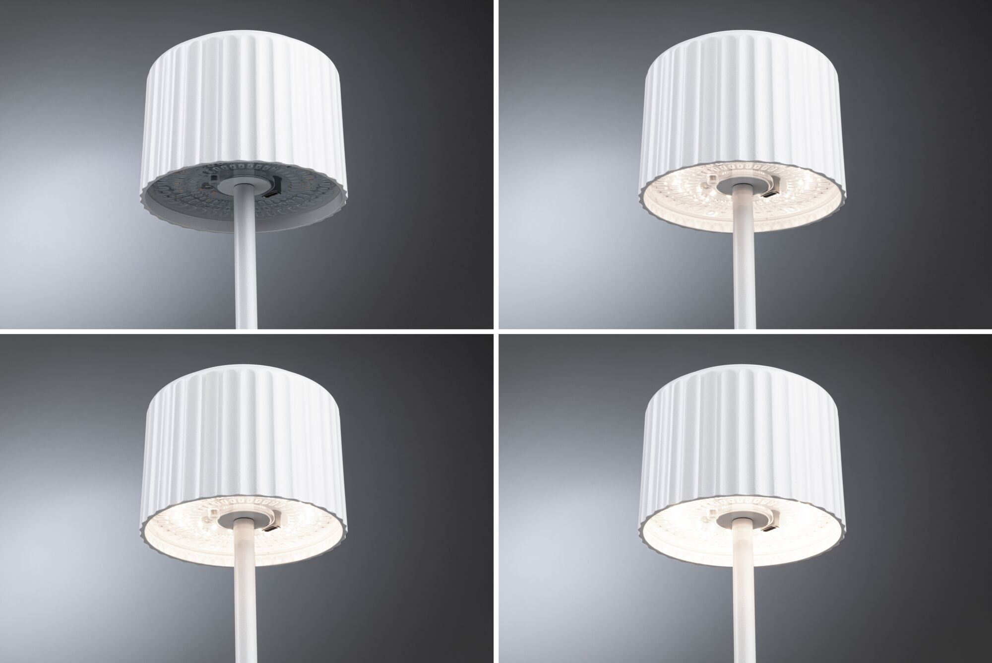 Four views of a white floor lamp with ribbed shade and LED lighting for living spaces