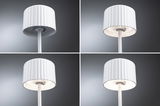 Four views of a white floor lamp with ribbed shade and LED lighting for living spaces