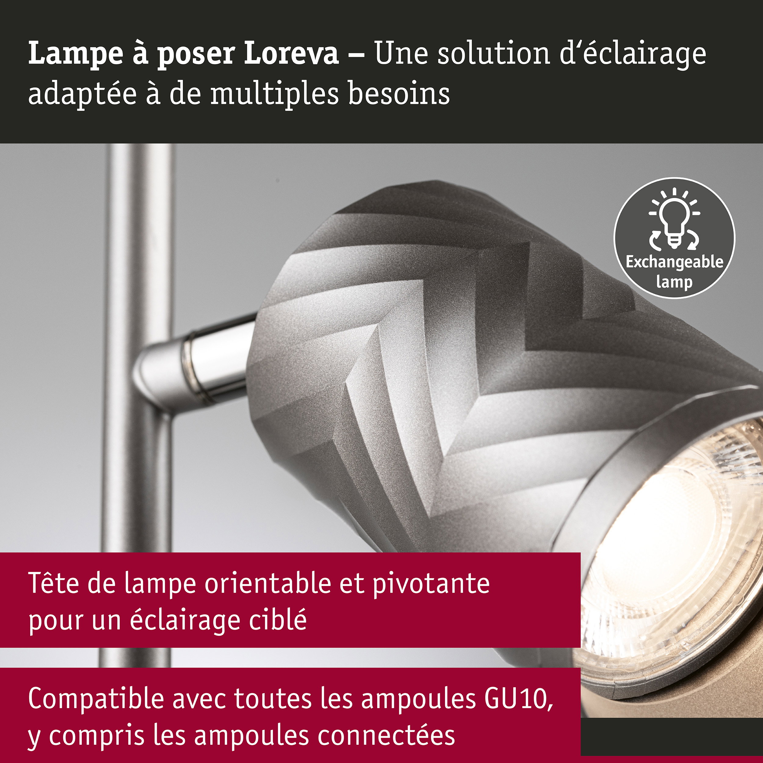 Lampe à poser Loreva GU10 max. 7W Titanium Métal