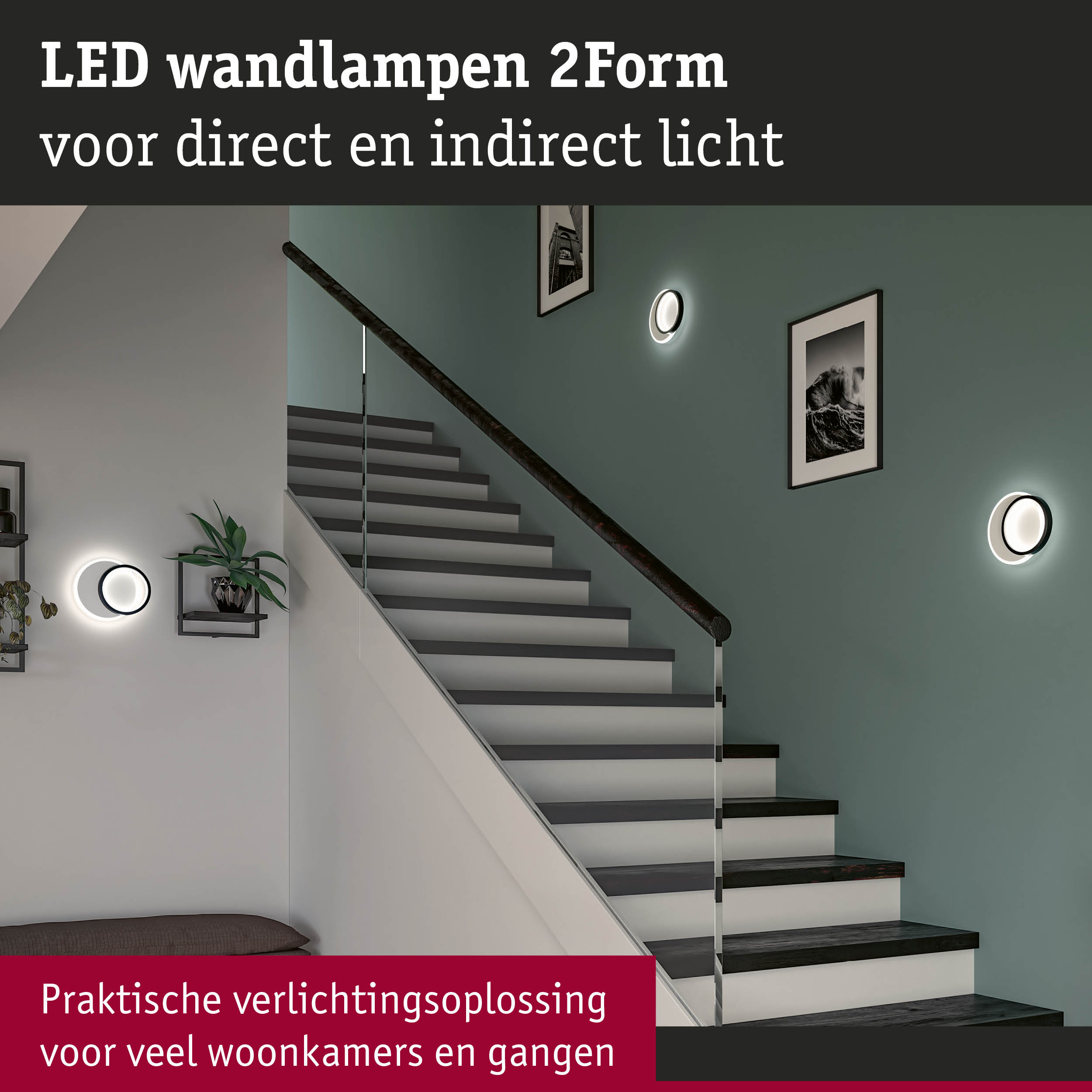 Moderne witte LED-wandlampen 2Form voor direct en indirect licht bij trapwand