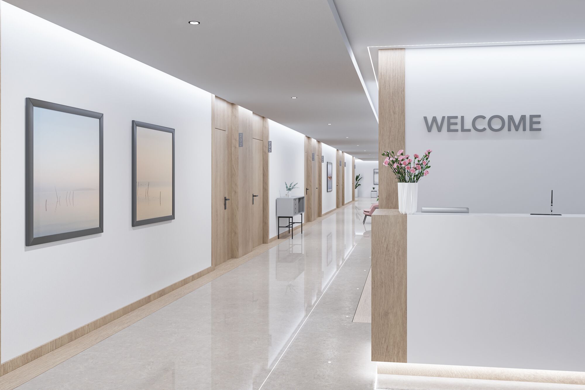 Modern office reception with light wood, white walls, and LED ceiling lights in corridor