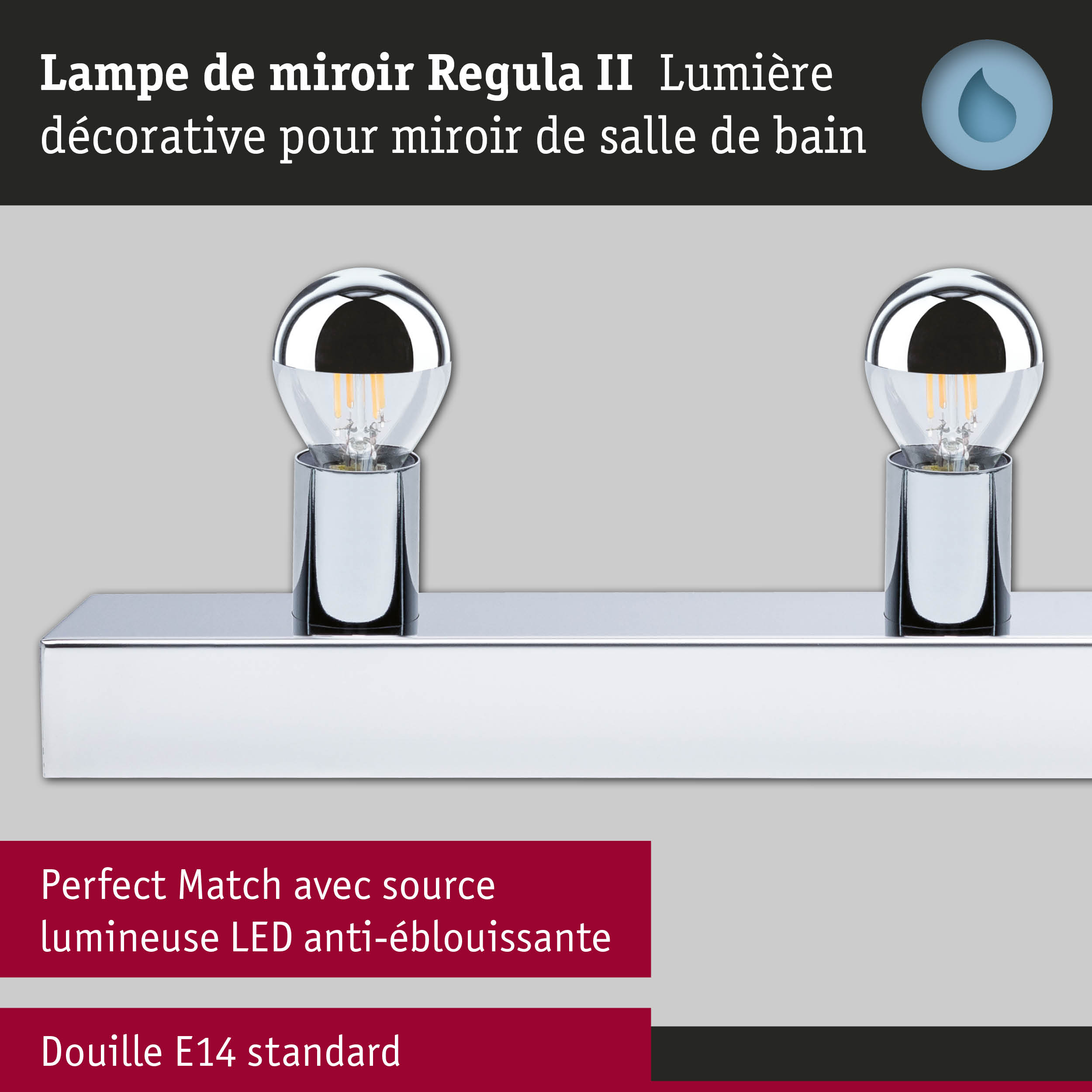 Kit Éclairage de miroir Regula II ampoules incluses 4-flammes IP44 E14 2700K 4x440lm 230V 4x4,8W gradable Chrome/Calotte argentée