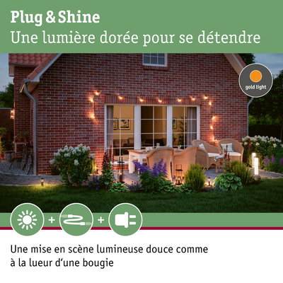 Terrasse accueillante avec éclairage extérieur doré et lumière de jardin pour soirées détendues