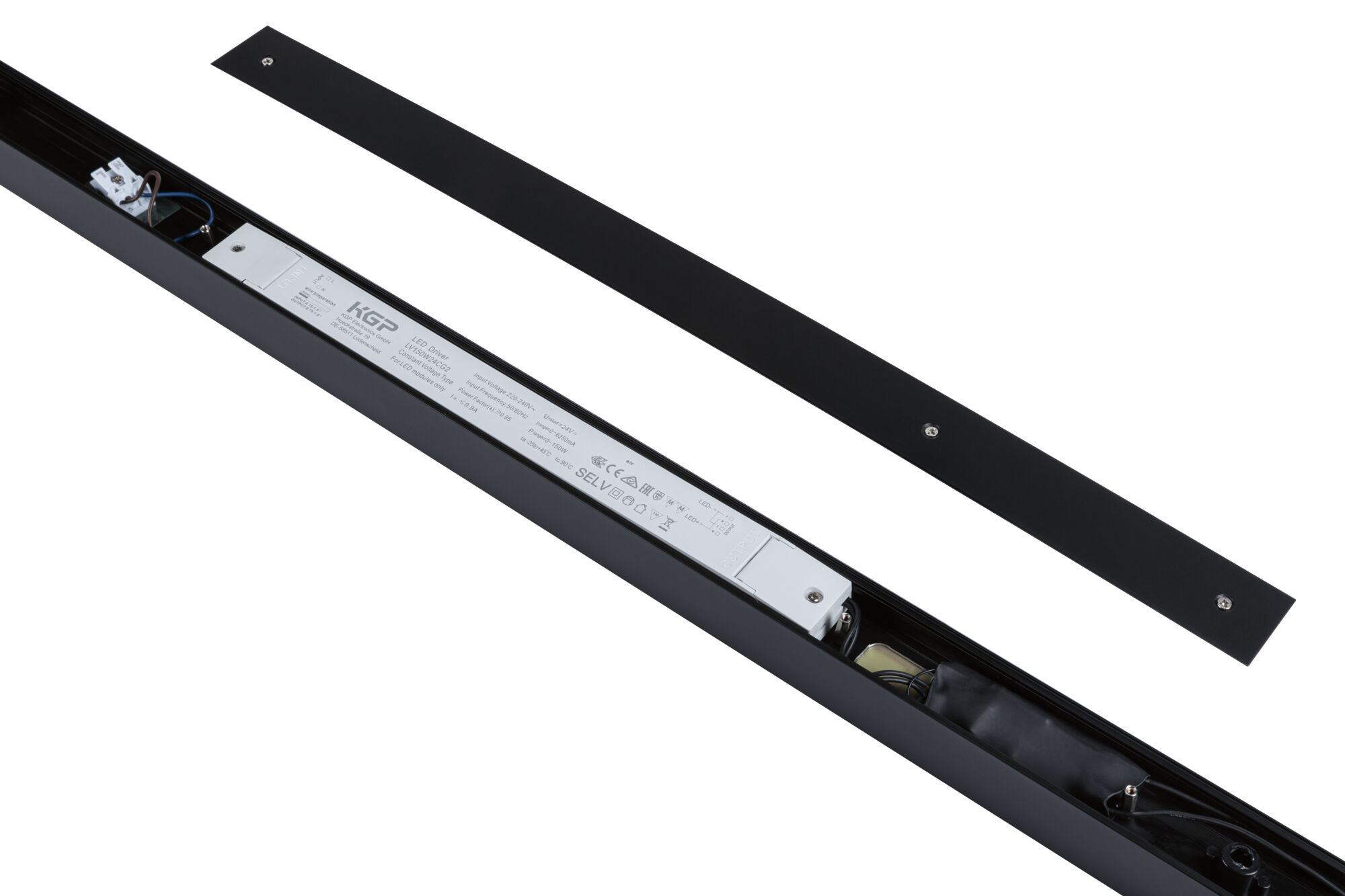 Black metal LED driver housing with removable cover showing internal electronics for LED lighting