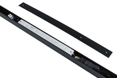 Black metal LED driver housing with removable cover showing internal electronics for LED lighting