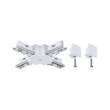 White X-shaped metal and plastic connector with two screws for track lighting systems
