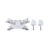 White X-shaped metal and plastic connector with two screws for track lighting systems