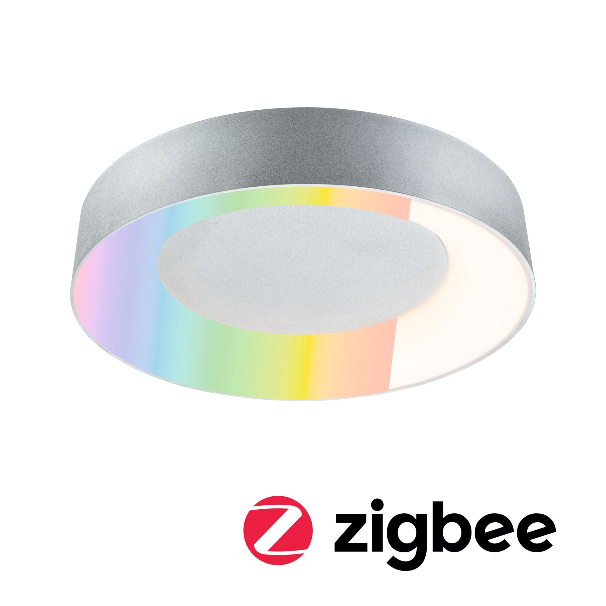 Runde Deckenleuchte aus silbernem Metall mit RGB-Farbwechsel und Zigbee Smart Home Steuerung