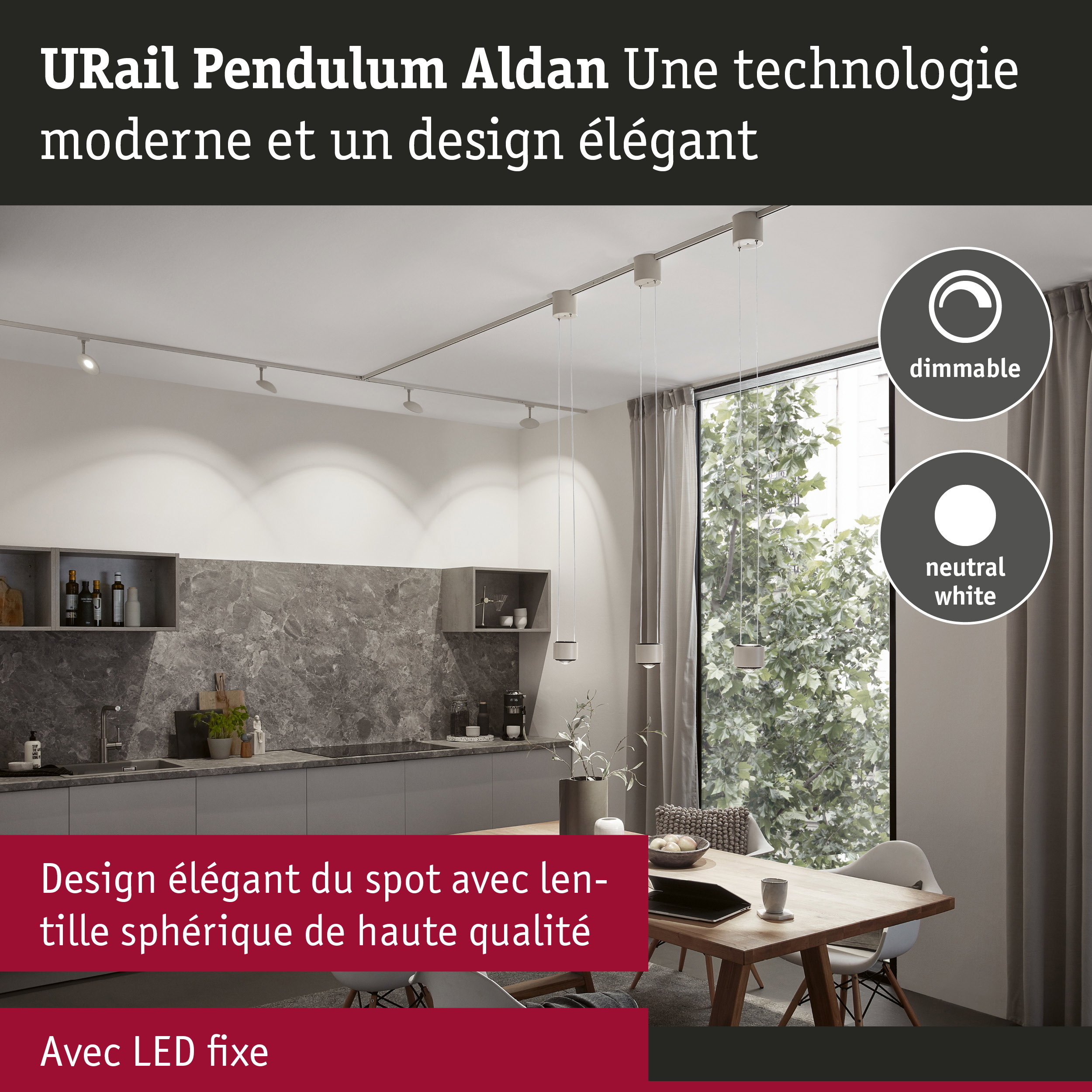 Système d'éclairage sur rail URail Pendulum Aldan blanc avec spots LED dimmables pour intérieur moderne