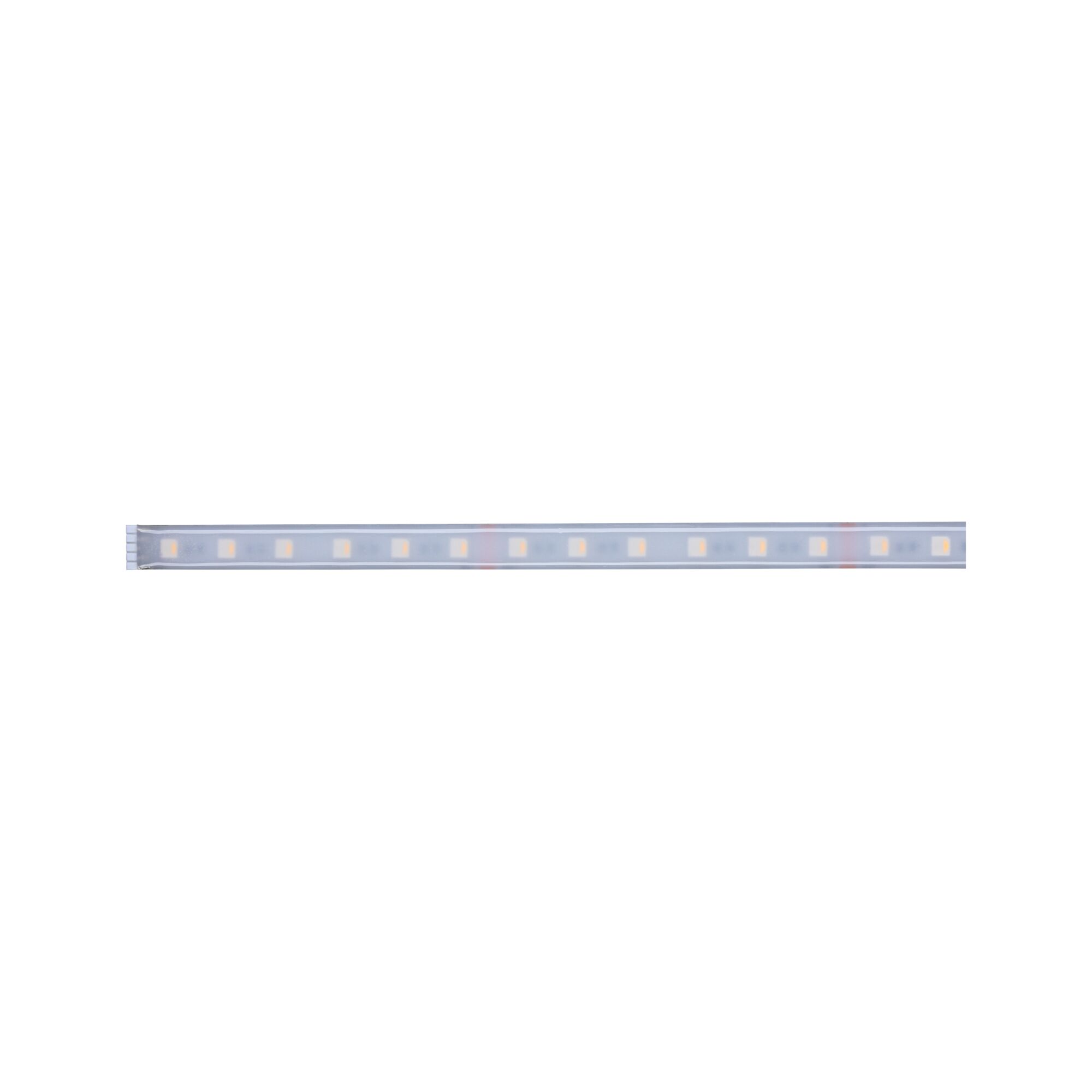 Long LED light strip with white LEDs and transparent plastic housing for modern lighting solutions.