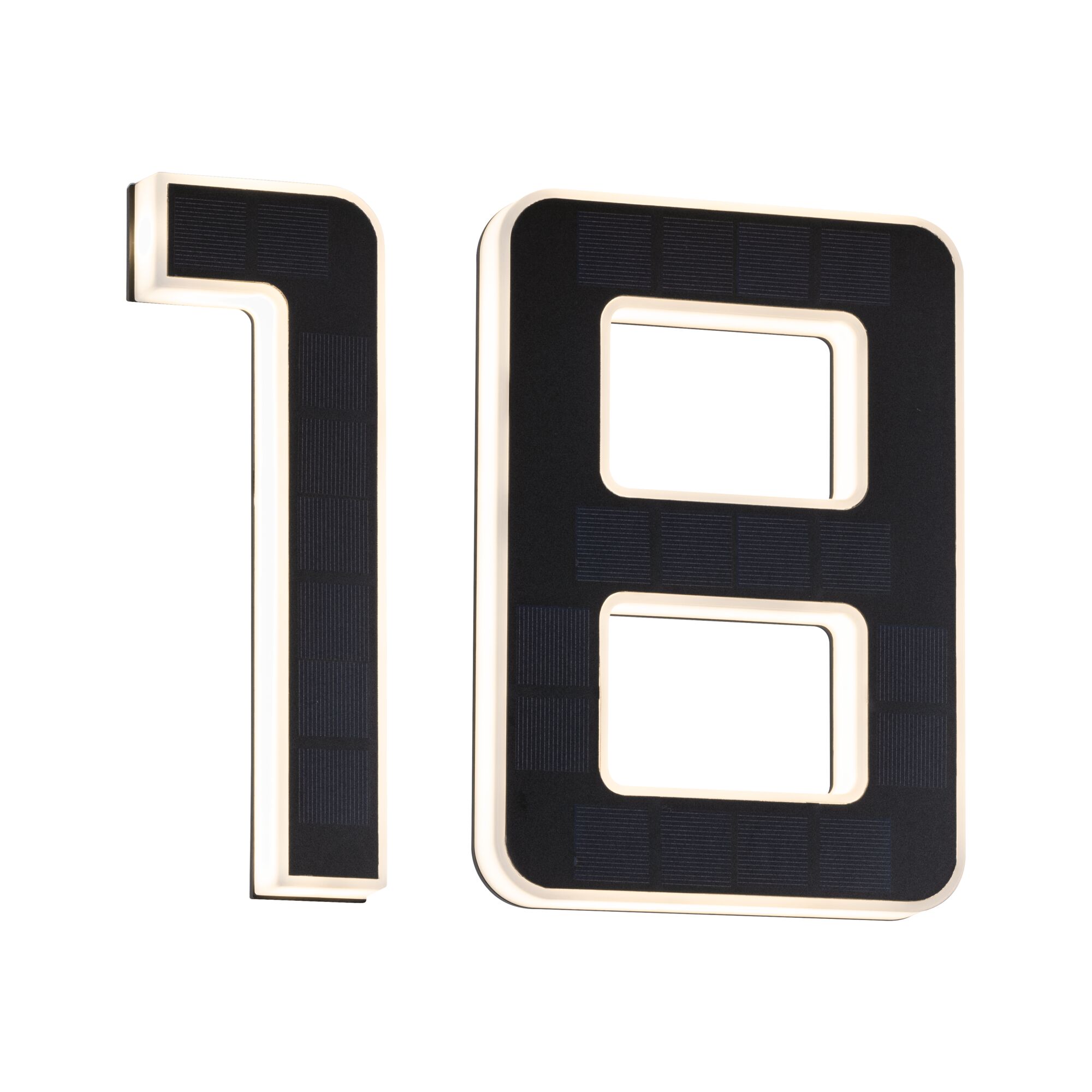 Modern house number 18 with black solar panels and white LED frame for outdoor lighting