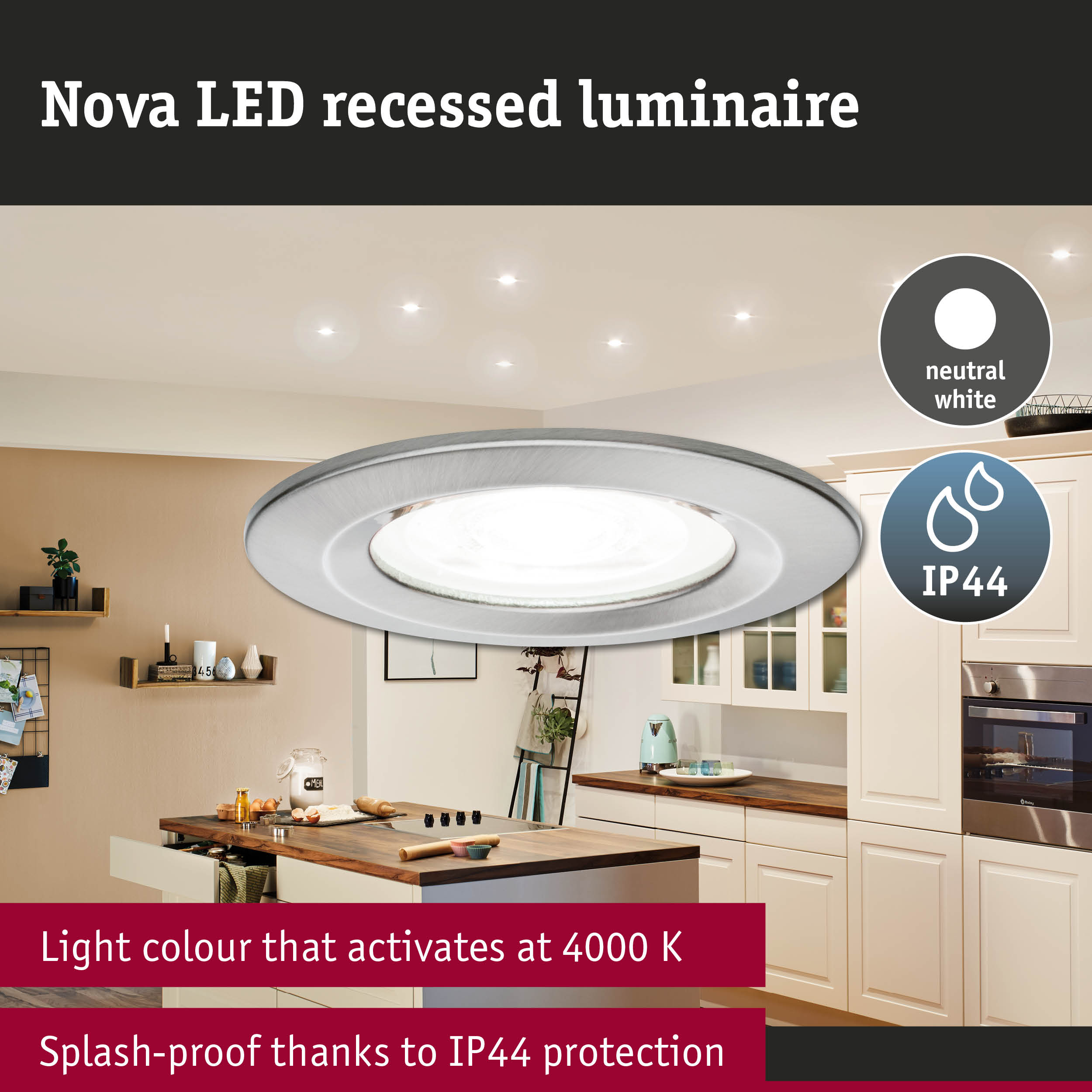 Nova LED recessed luminaire in silver metal with neutral white light and IP44 splash-proof protection